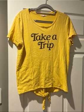 Yellow 'Take a Trip' Graphic Tee. Open back with tie.